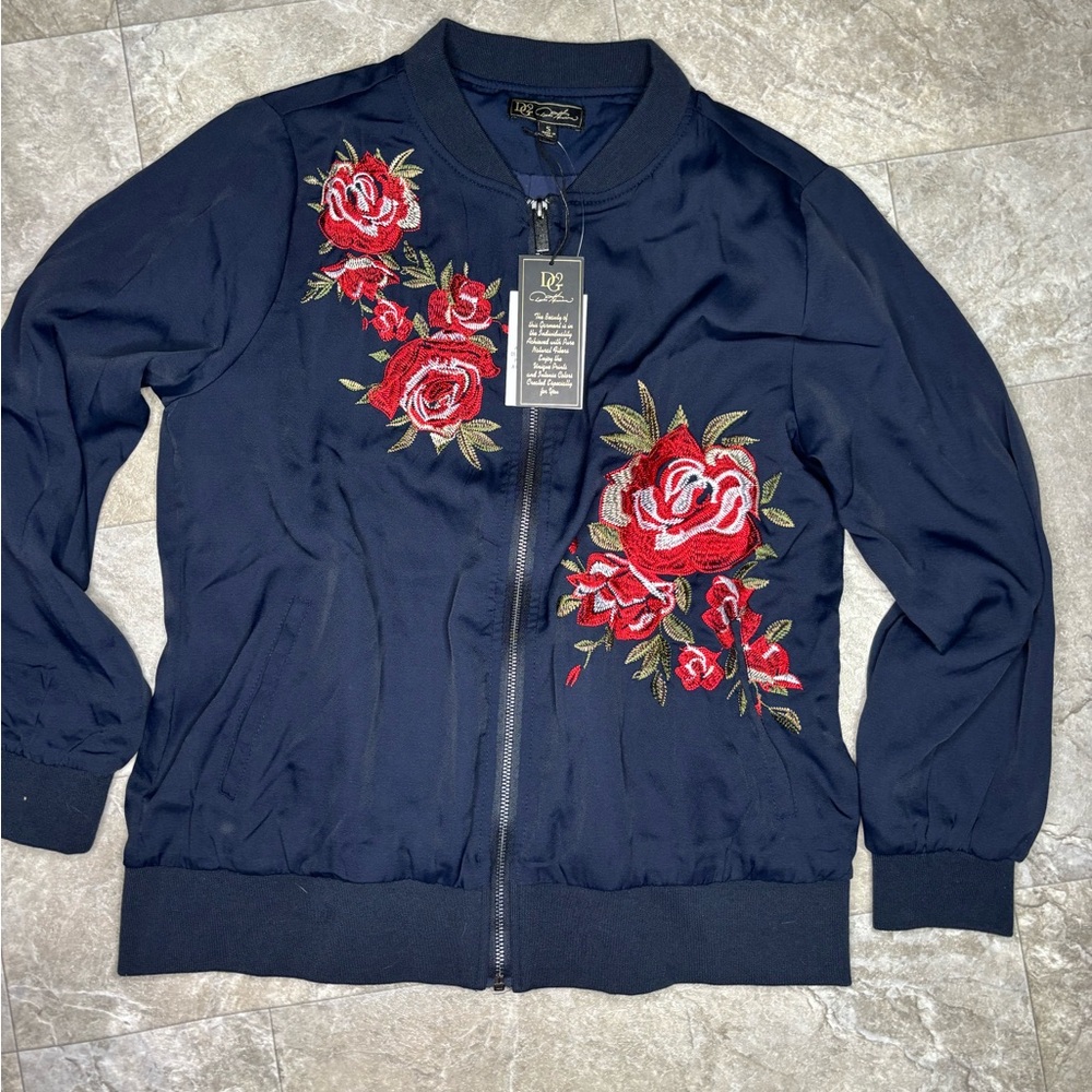 DG2 by Diane Gilman Navy Bomber Jacket with Red Floral Design